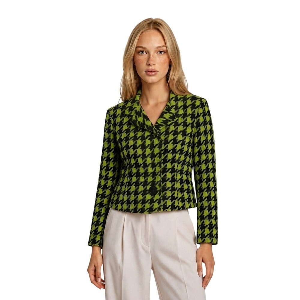 Albert Nipon 100% Silk Blazer Women's Size 6 Lime Green Black Houndstooth Jacket